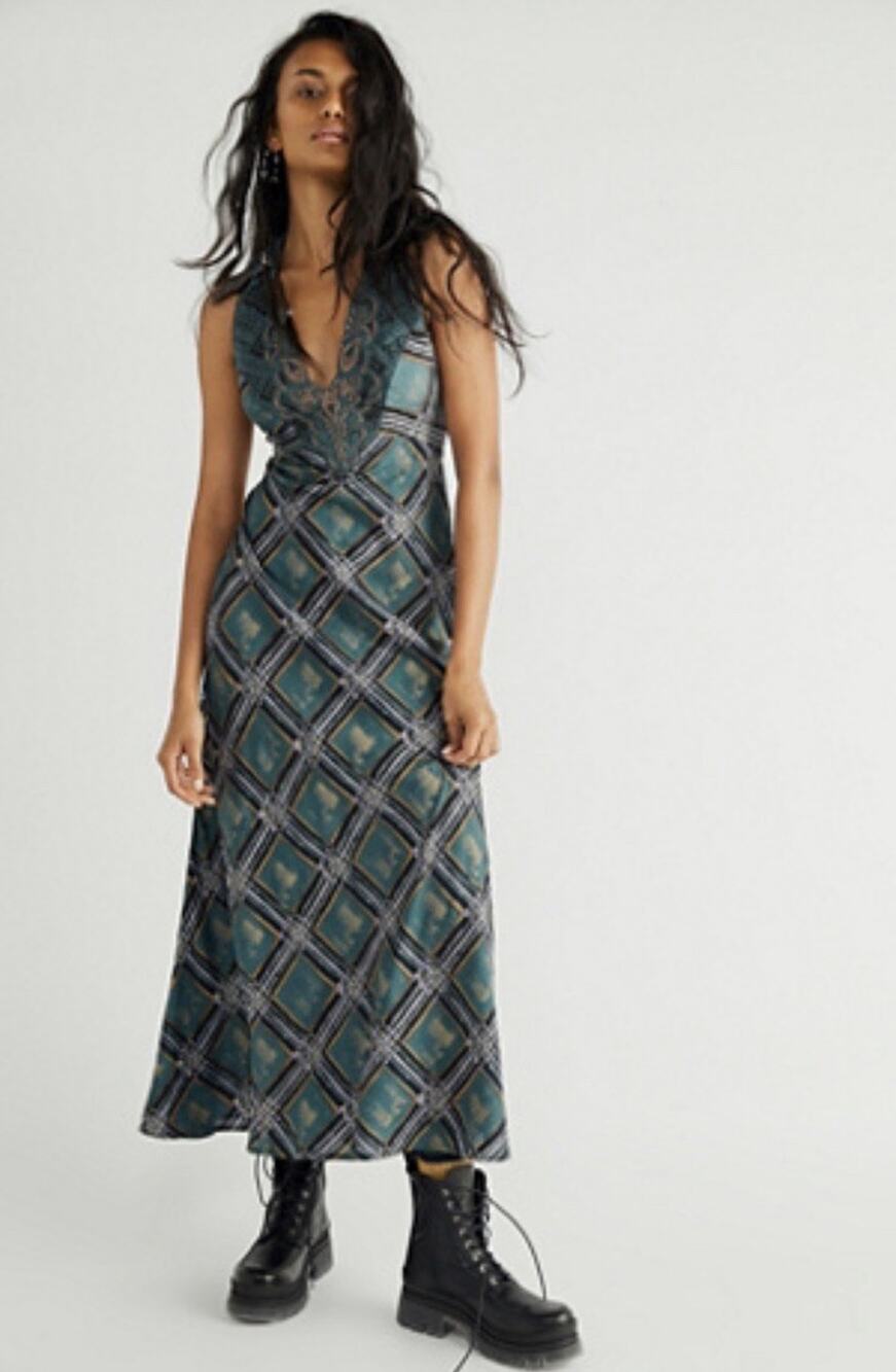 FREE PEOPLE Lana Printed Midi Dress Embroiderd Trim Bias Cut Size 4